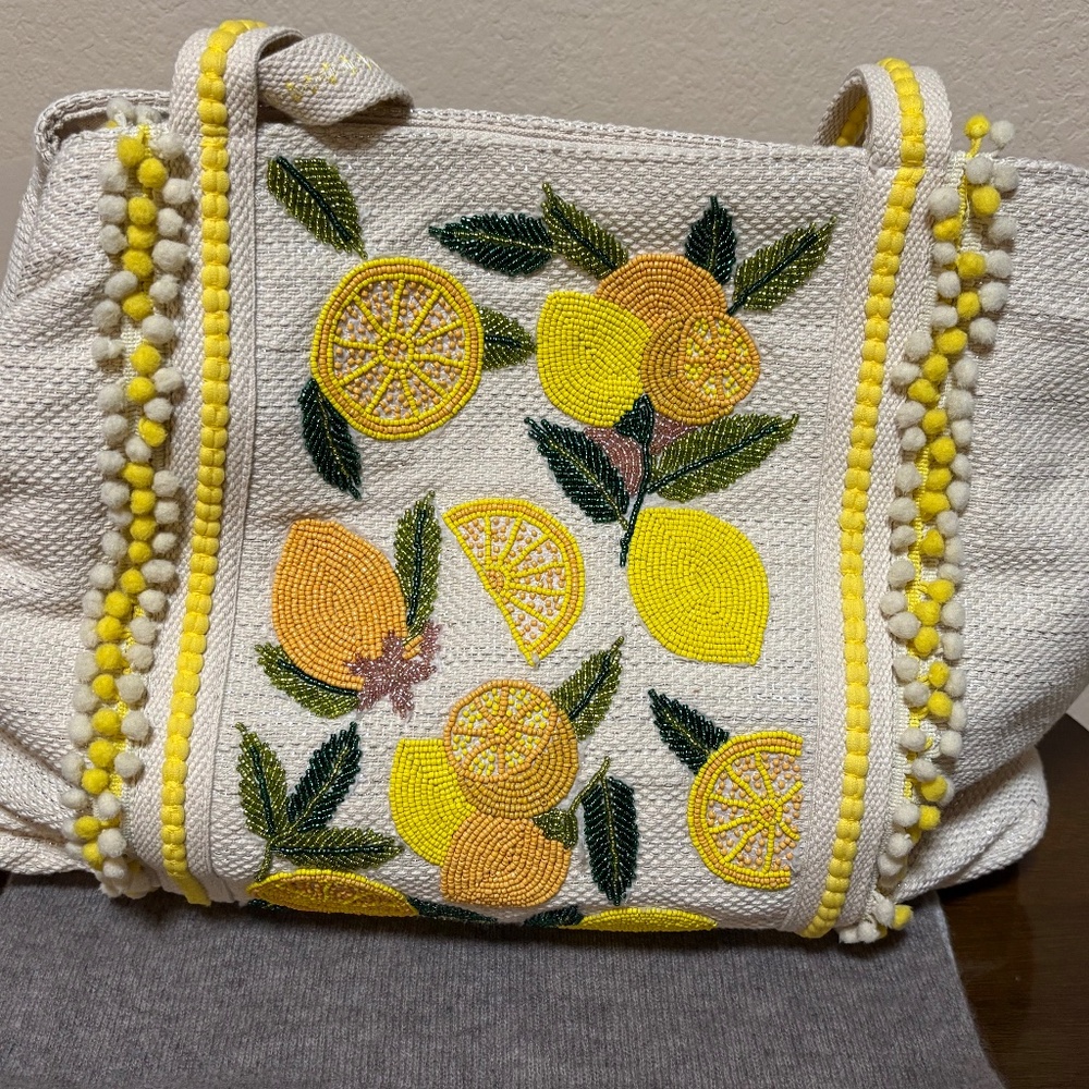 Amalfi Coast Lemon Beaded Embroidered Canvas Tote Bag -NWOT